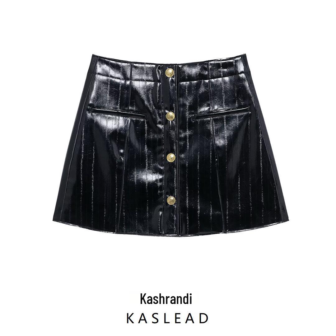 

2025 Spring Women s European & American Style Faux Leather A-line Skirt S чорний