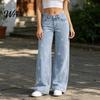 High Elasticity Denim Girl's Bow Cherry Print Baggy Jeans, Wide Leg Mid Waisted Women Jeans Pants, Zipper Fly Elastic Casual Streetwear with Pockets