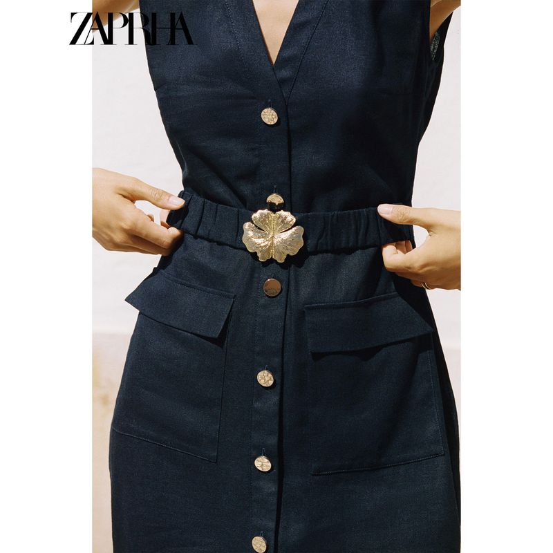 Zaprha 2025 Summer New Flip Pocket Decoration With Belt V-neck Sleeveless Midi Dress 8208709