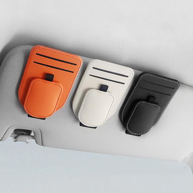 Sunglass Holder For Car Sun Visor, Magnetic Leather Vehicle Eyeglass Hanger Clip, Automotive Interior Glasses Card Organizer