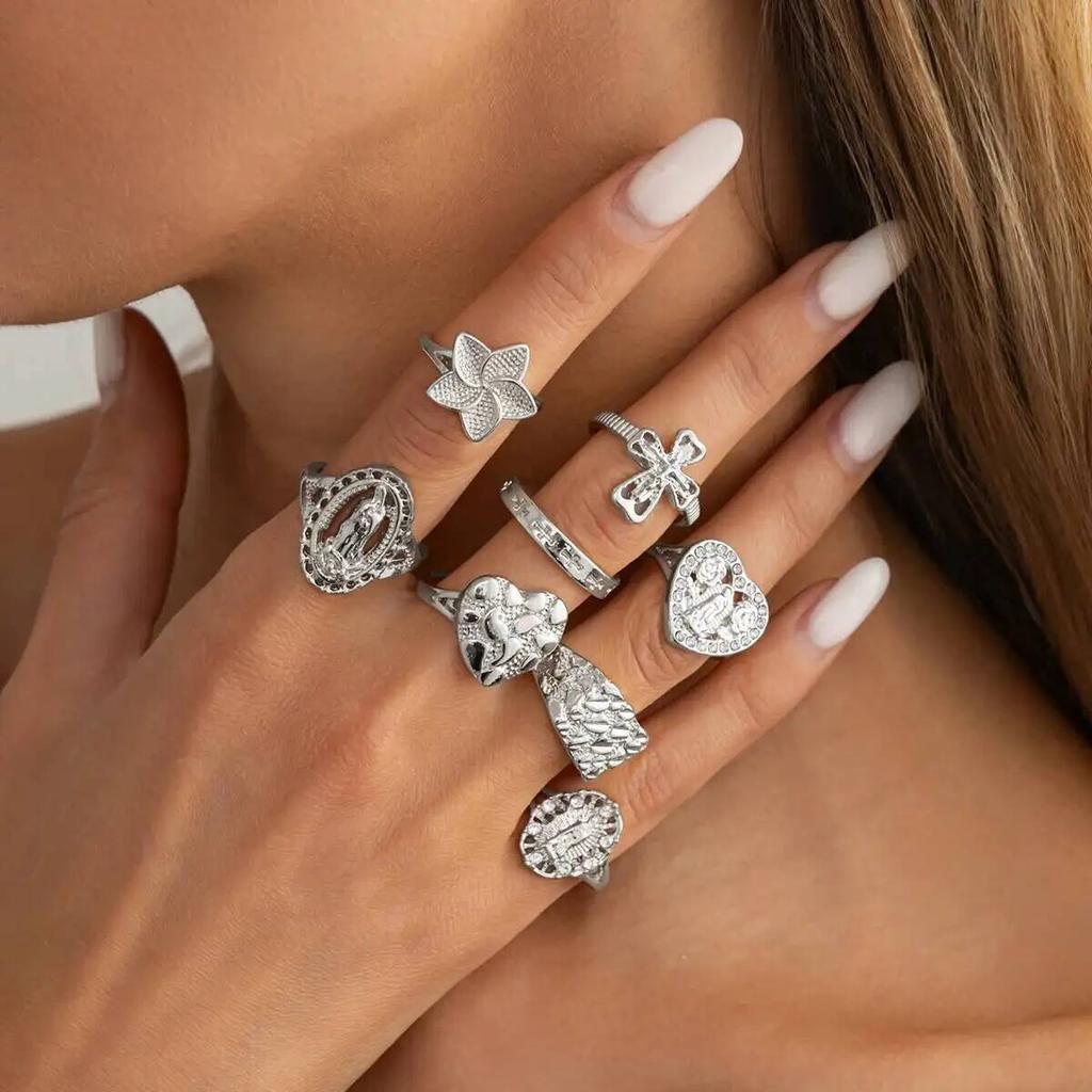 Salircon 8Pcs/Set Creative Gold Color Star Cross Open Ring Exquisite Stackable Heart Inlaid Rhinestone Finger Ring Jewelry 2026