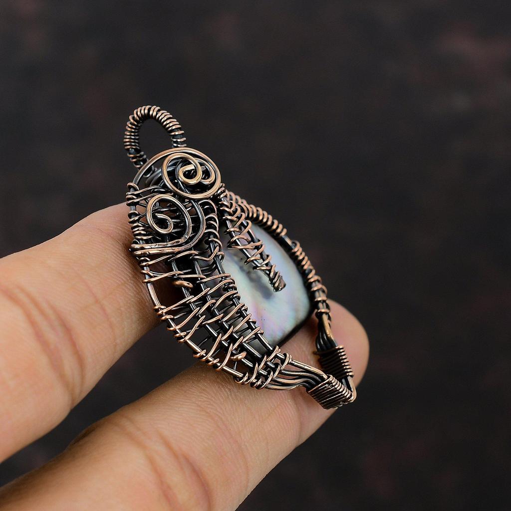 Black Mother Of Pearl Gemstone Pendant Copper Wire Wrapped Pendant Handmade Pendant Copper Jewelry For Gift Decent Pendant Wire Wrap Jewelry