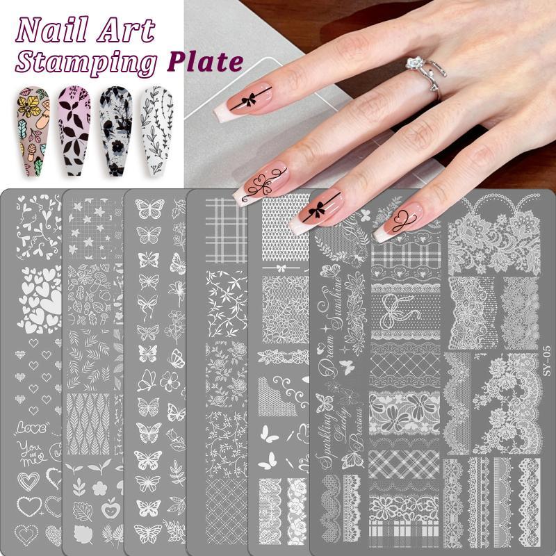 1 Sheet Etched Nail Art Stencil High-Precision Bow Flower Lace Checkered Nail Decal Sheets For Reusable Manicure Transfer Tool