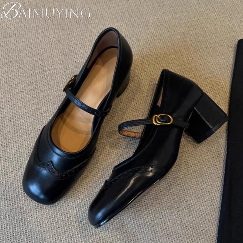 Fashion Ballet Marie Janes High Heels Shoes Women Square Toe Sandals Summer 2025 Shallow Retro Dress Trend Soft Leather Chunky Pumps