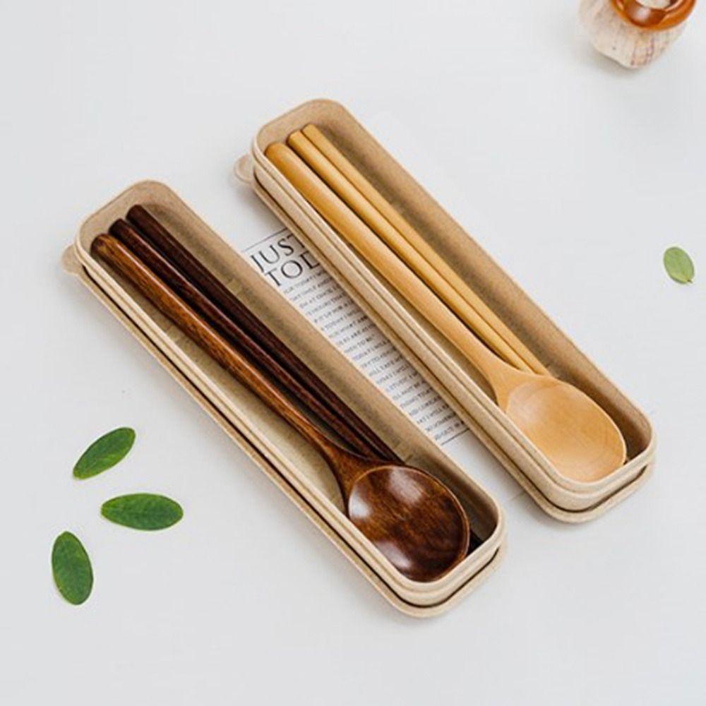 with Box Wooden Fork Chopsticks Natural Rice Soups Spoon Dinnerware Cutlery  Kitchen Accessories