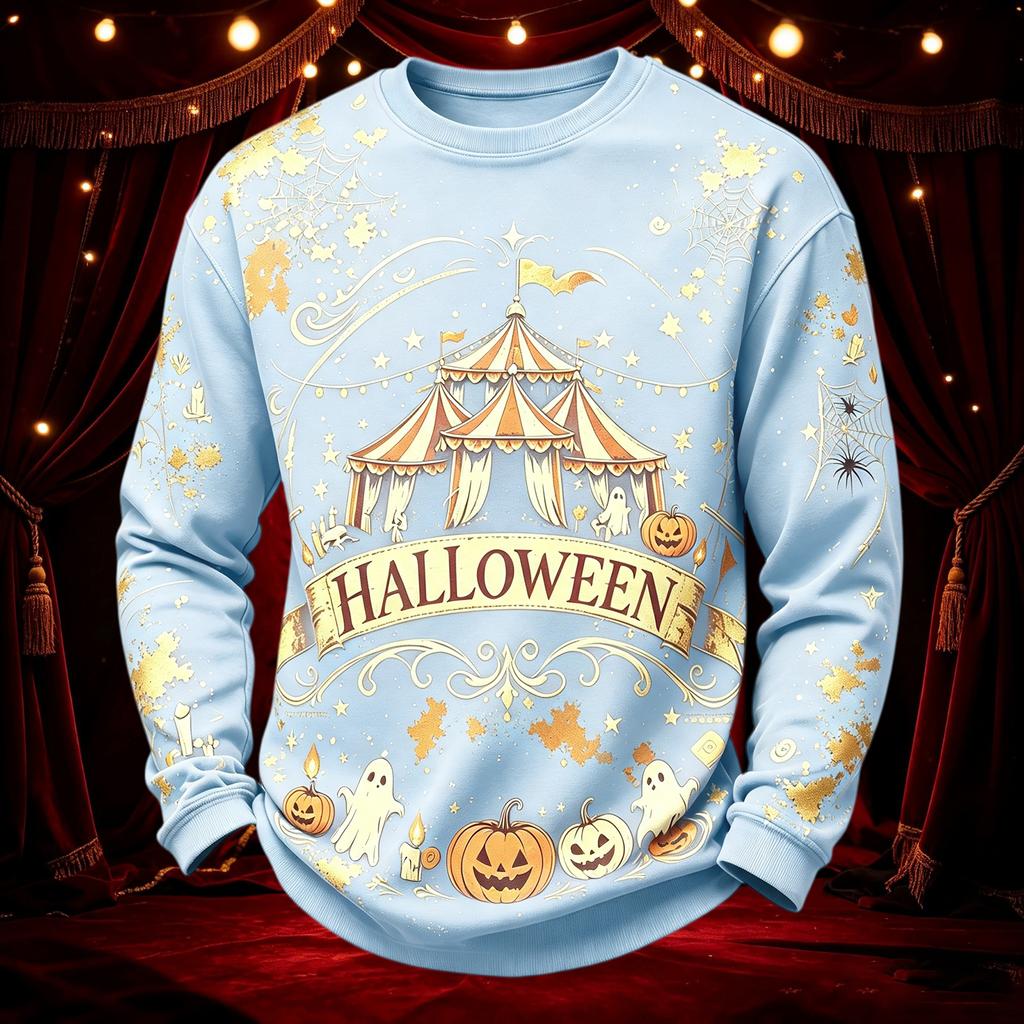 Men's Casual Round Neck Long Sleeve Top with Halloween Print