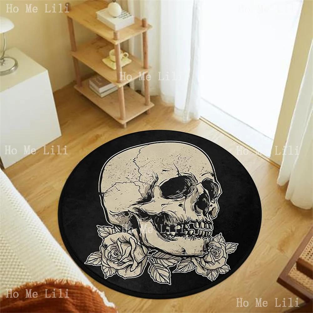 Skull Rose Flower Black Round Flannel Carpet Non-Slip Rug Washable Floor Mats For Kitchen Bedroom Living Room