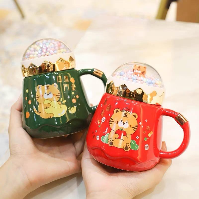 Year of the Tiger Mug with Lid Creative Large Capacity Ceramic Cup Couple Pair Cup Cute Cartoon Coffee Mug for Home Use