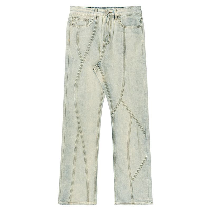 Evropská a americká vibrace ve stylu retro prošívání džíny pánské high street rovná trubka volný design smysl pro výklenek smažené pouliční kalhoty