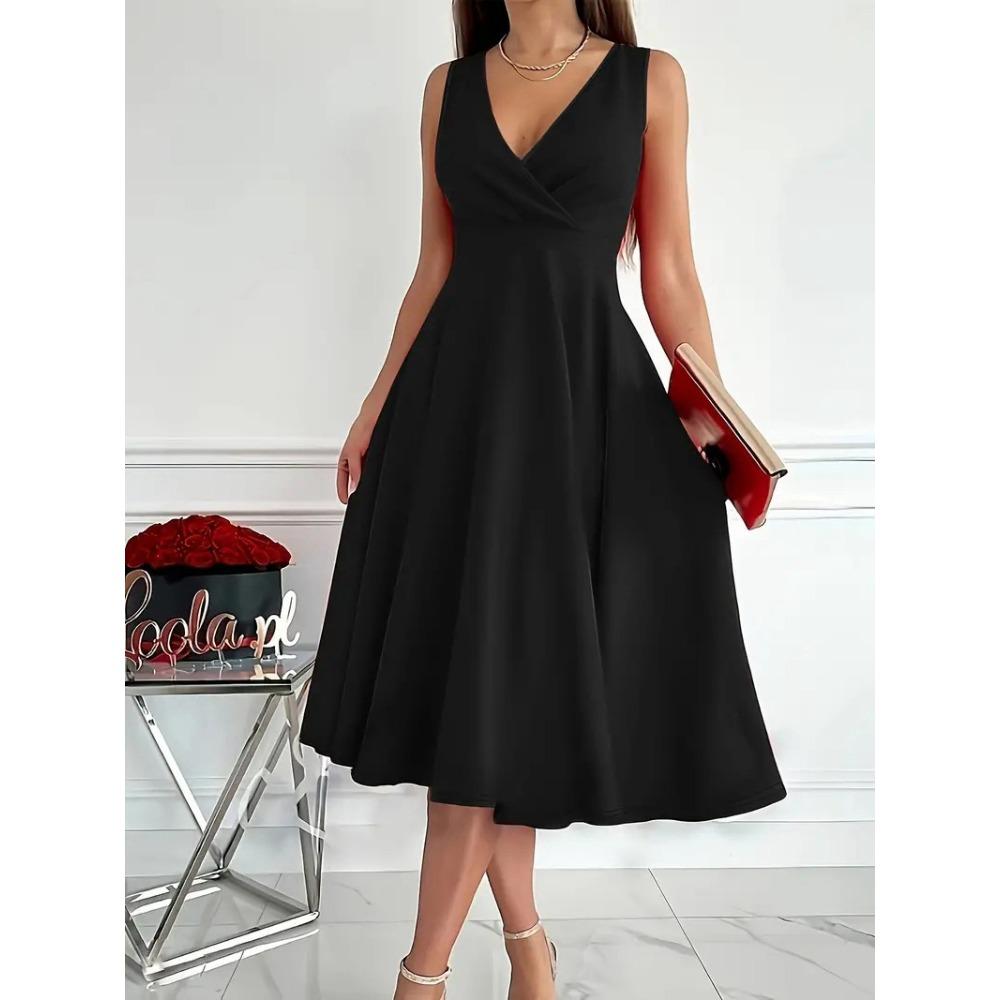 Women's Sleeveless V Neck Midi Dress High Waist A Line Solid Color Evening Party Swing Dress
