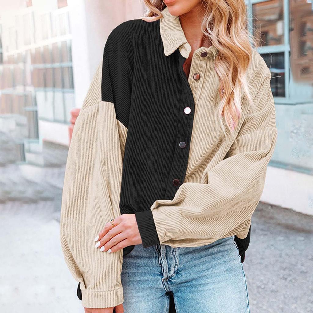 Women's Color Blocked Button Down Corduroy Shirt Long Sleeved Corduroy Jacket
