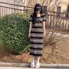 French square neck knitted striped short-sleeved dress women's summer temperament casual pear shape figure slim long skirt