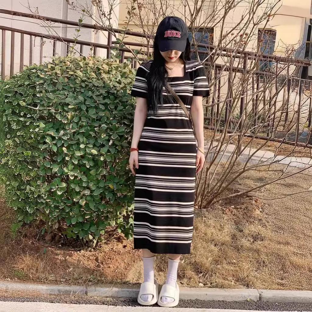 French square neck knitted striped short-sleeved dress women's summer temperament casual pear shape figure slim long skirt
