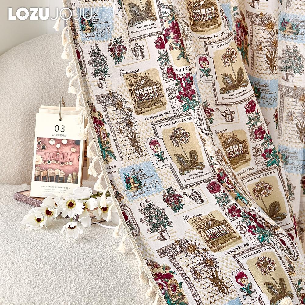 1PC LOZUJOJU Semi Blackout Cotton Linen Printed Curtain Retro Style Tassel Curtain for Small Windows Balcony Bedroom Living Room Home Decor