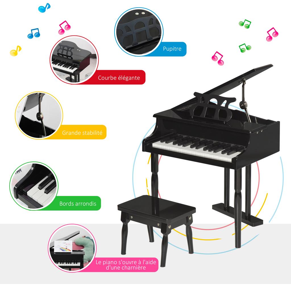 Kinderspielzeug-Holzflügel - 30 Tasten Keyboard - Inklusive Hocker und Notenständer - Musikinstrument - Schwarzes MDF