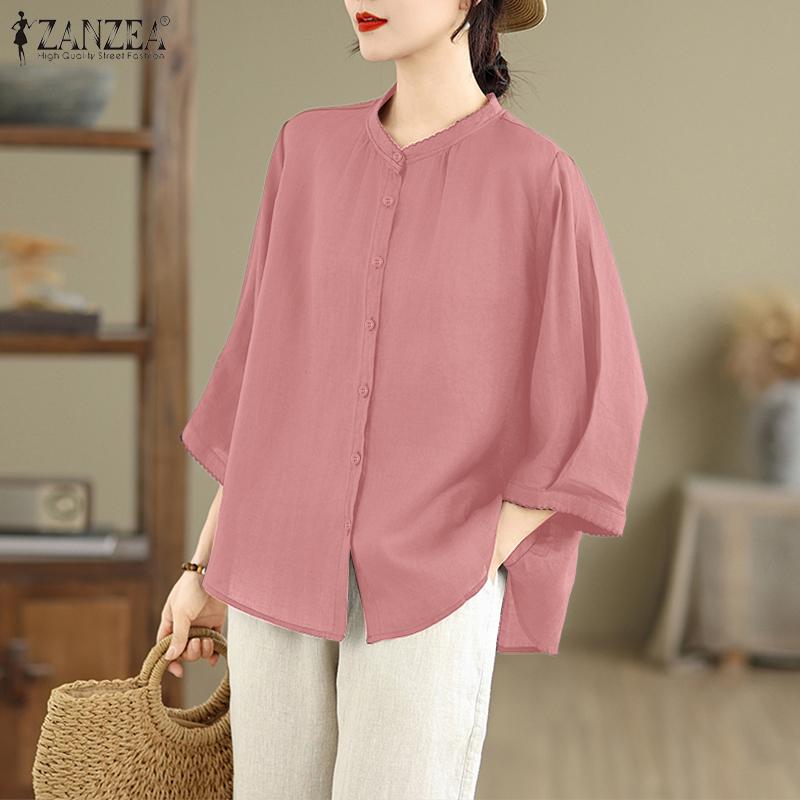 ZANZEA Women Casual Round Neck Solid Color Loose 3/4 Sleeve Blouse