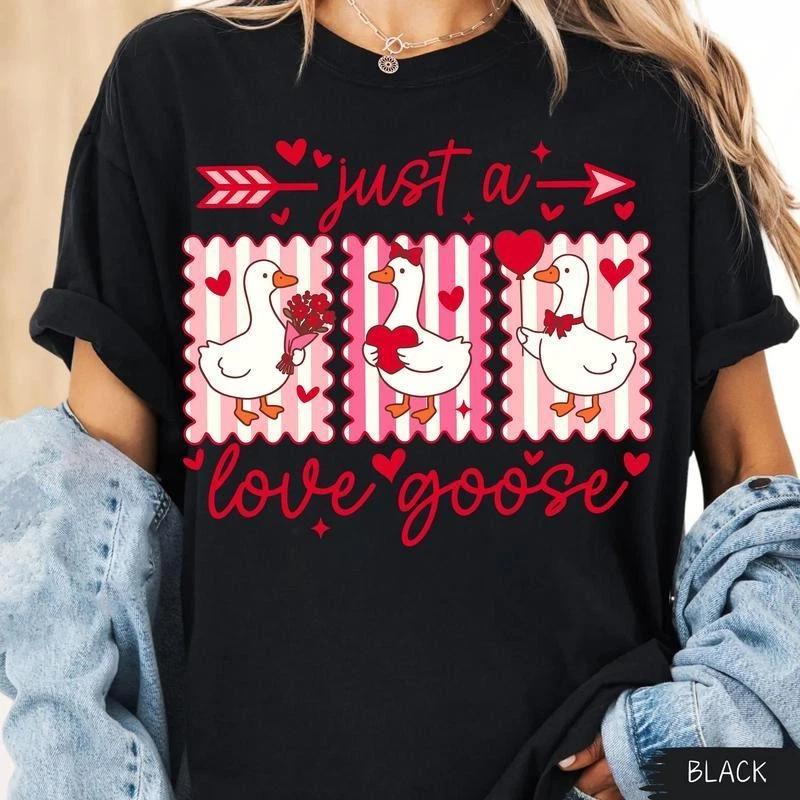 Retro Valentine Duck Lover Hearts Just A Love Goose Shirt XXL