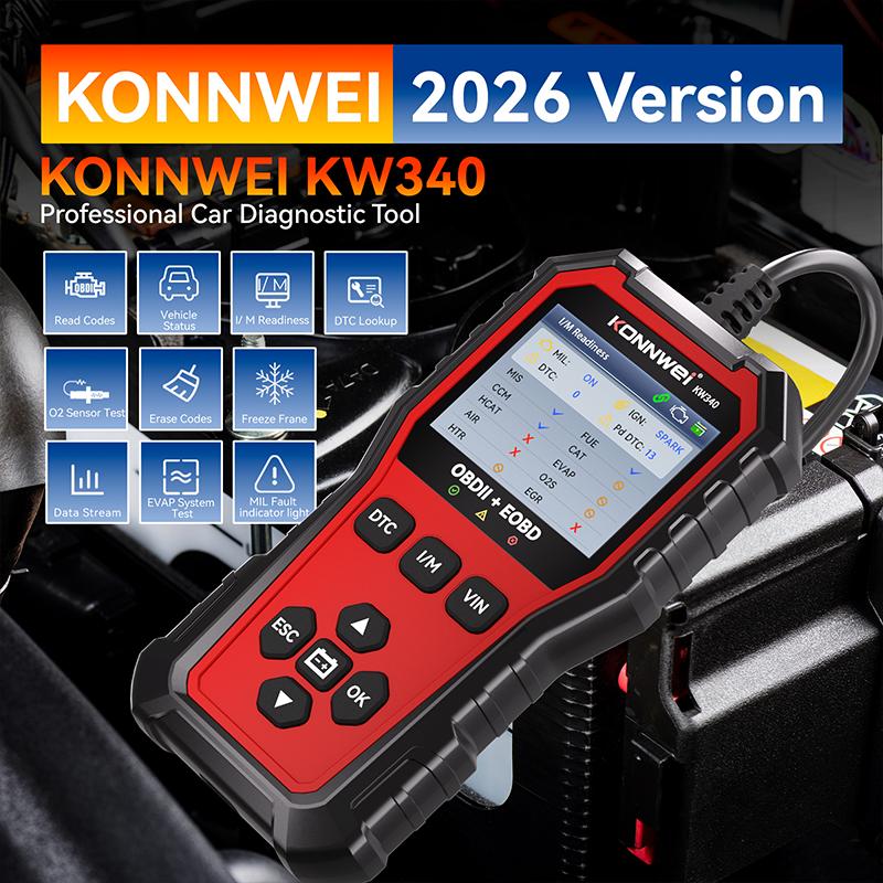 KONNWEI KW340 Car OBD2 Diagnostic Tool CAN EOBD 3in1 Engine Battery Test Read Clear Fault Code Real-Time Data O2 Inspection Tool