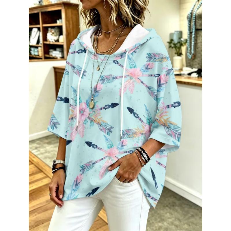 Damen Kapuzenpullover mit Dreiviertelärm, locker, Retro-Blumenmuster, lässiges Urlaubs-Top