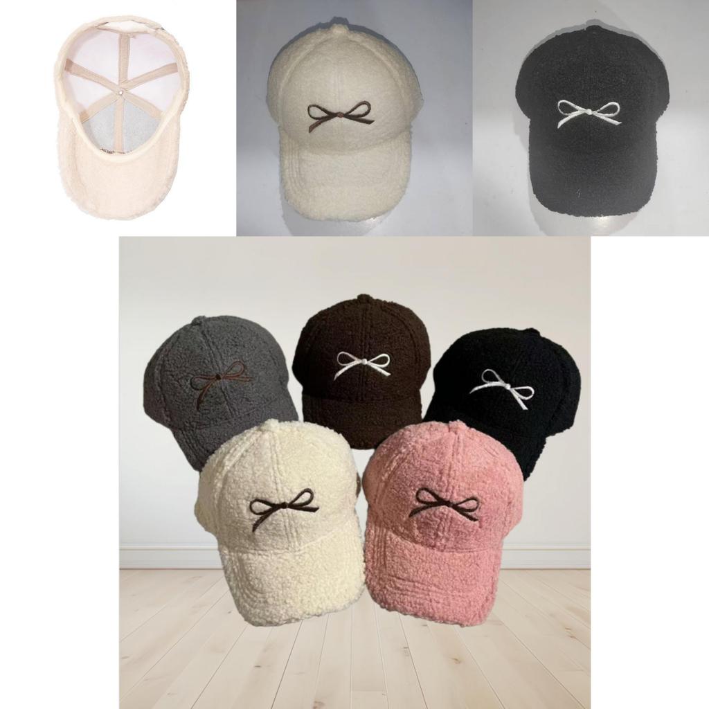 Autumn Winter Womens Fluffy Embroidered Baseball Cap With Bow Detail For Trendy Look