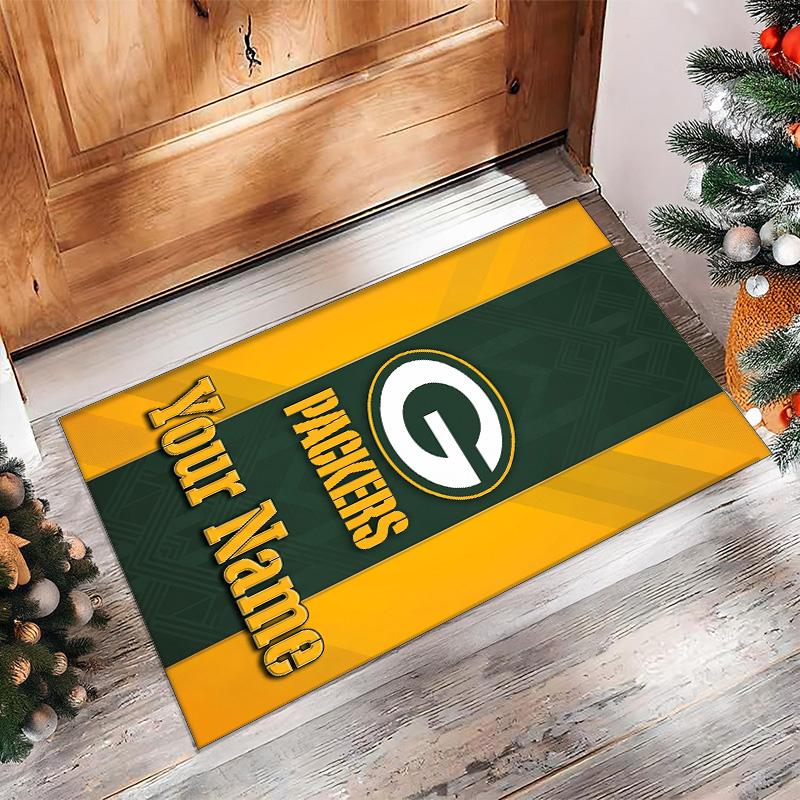 Green Bay Packers Crystal Velvet Rug, Custom Name Text Personalized Non‑Slip Floor Mat for Home Decor Gift