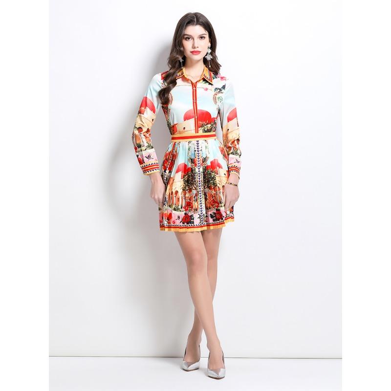 Spring Summer Designer Runway Print Letter 2 Piece Set Women's Lapel Shirt + Mini Short Pleated Skirt Office Lady Suits