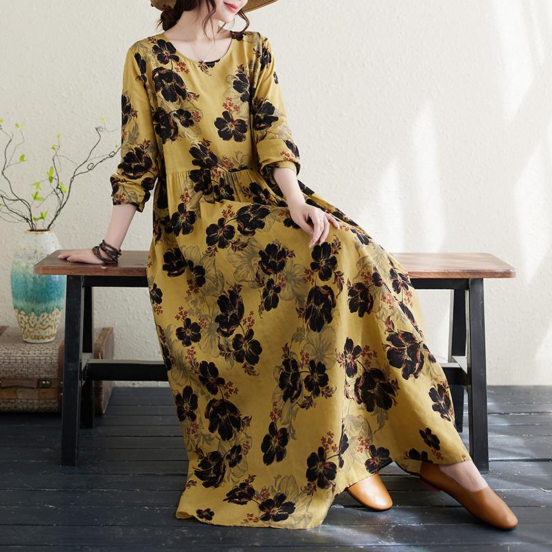 DIMANAF 2024 Rochie de primăvară mărime Plus pentru femei, rochie boemă ocazională cu imprimeu floral, rochie lejeră pentru plajă, decolteu O, verde, femeie