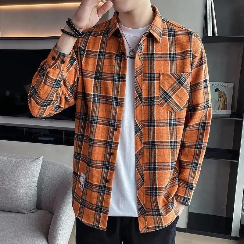 Spring Autumn Men's Long-sleeved Lapel Plaid Shirt Men's Versatile Retro Casual Shirt Blouse Jacket Men's Striped Plaid Shirt