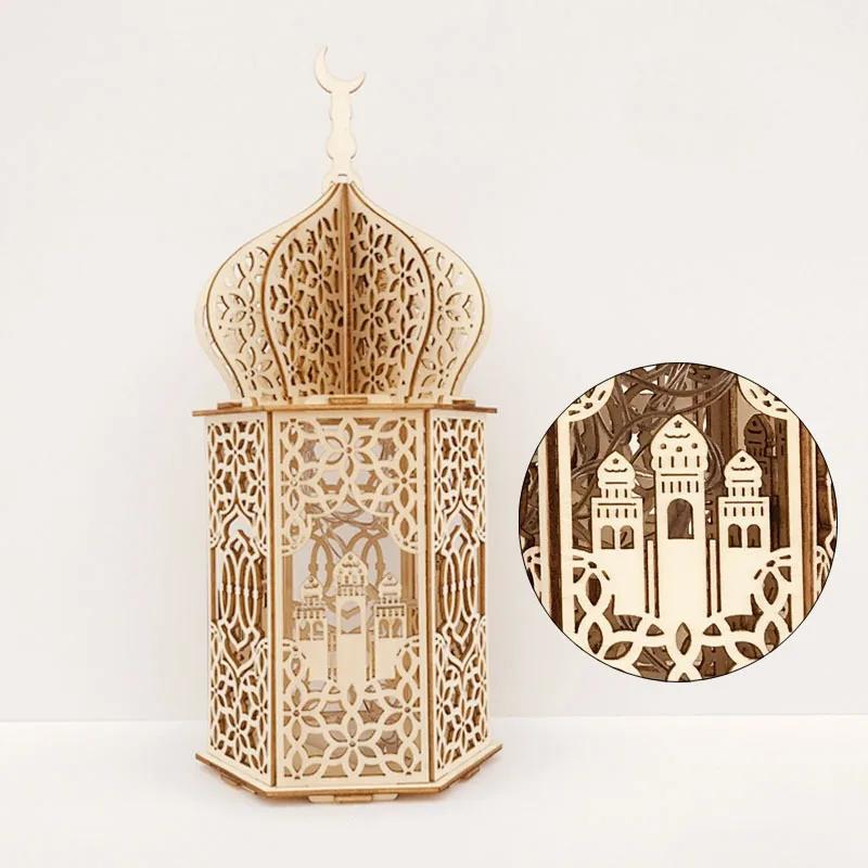Eid Mubarak Wooden Pendant With Led Candles Light Ramadan Decorations For Home Islamic Muslim Party Eid Ramadan Decoration