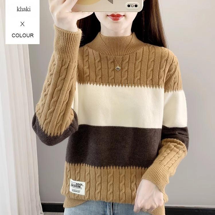 Women's Half Turtleneck Sweater Fall Winter Loose Knit Sweater Top Pullover Knit Jumper Color-blocked Plaid Knitwear