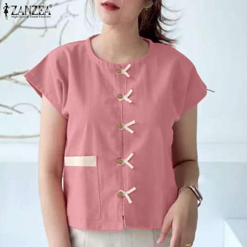 ZANZEA Kvinner Casual Rund Hals Sommer Kort Erm Bluse