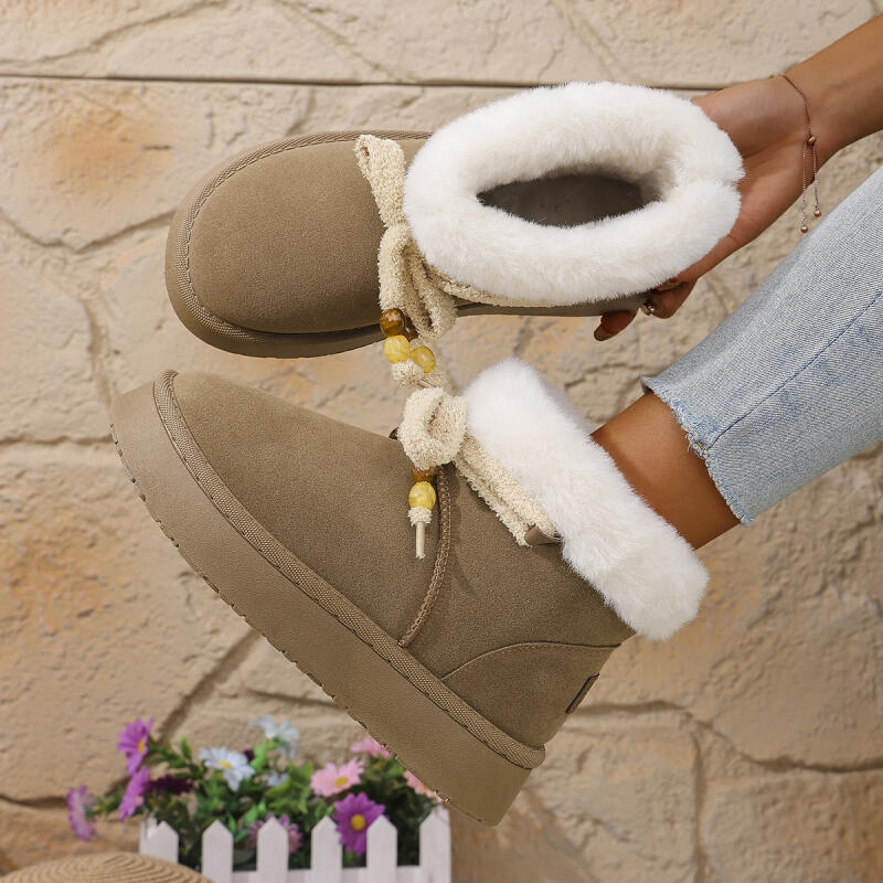 Fashion Women's Thick Bottom Furrry Snow Boots Winter 2025 Lacu Up Bowknot Fur Ankle Boots Warm Short Plush Designer Shoes for Woman
