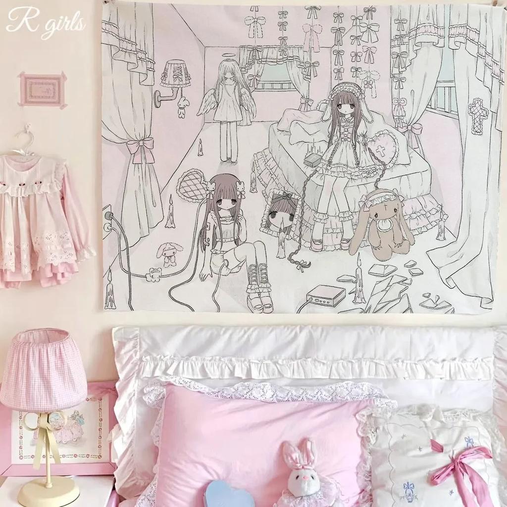 Kawaii Pastel Goth Anime Girl Tapestry Cute Lolita Angel Neko Print Wall Hanging for Teen Girl Bedroom Dorm Decor