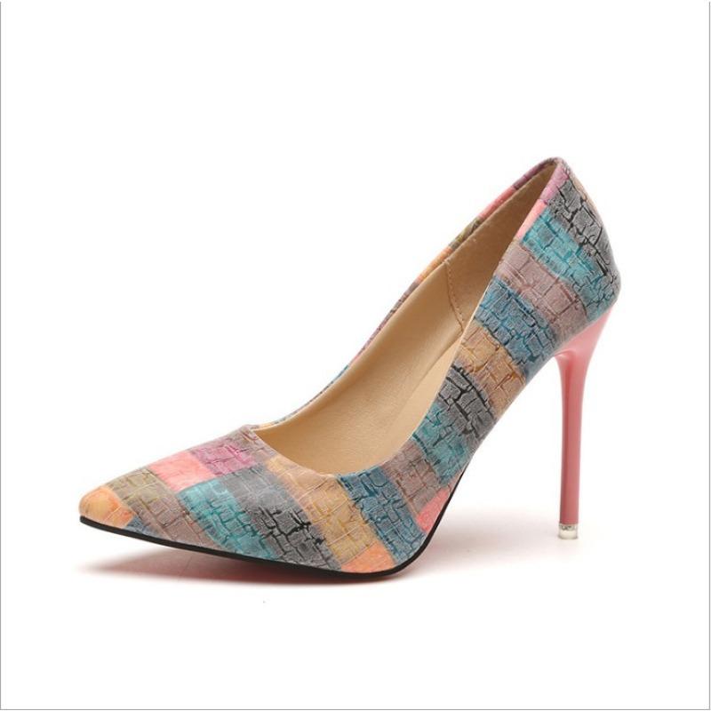 Fashion Pointed Toe Stiletto Ladies High Heels Super High Heel Sexy Fashion Large Size 42 Women's Shoes Embroidered Plaid Pattern Women