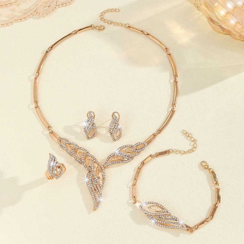 Fashion Diamond Gold Leaf Necklace Earrings Ring Bracelet Four-piece Jewelry Ladies Wedding Ornaments