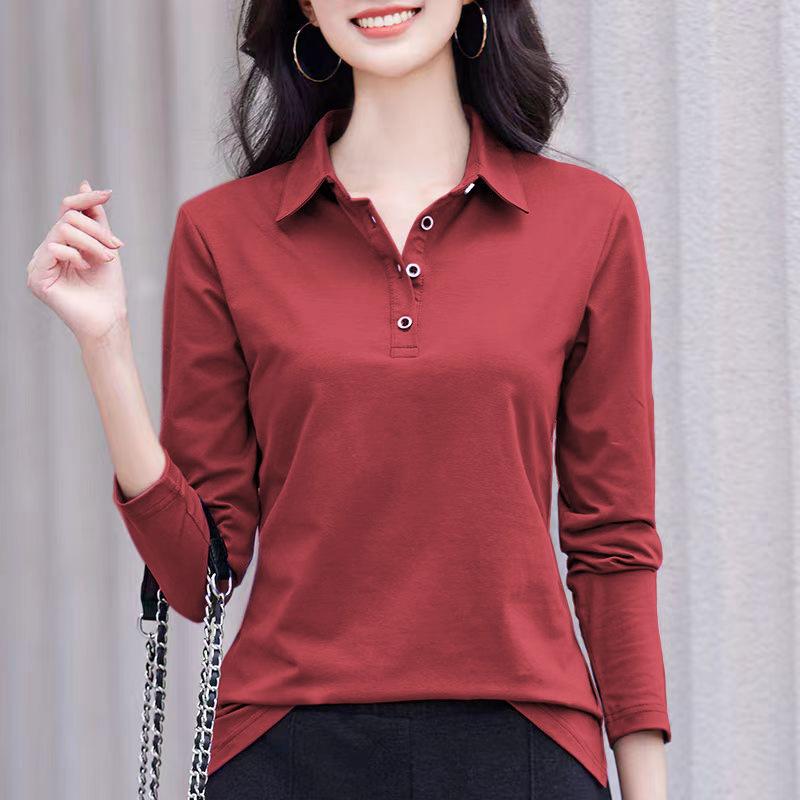 Women's Long Sleeve Polo Shirt Turn Down Collar Casual Solid Color Basic Top