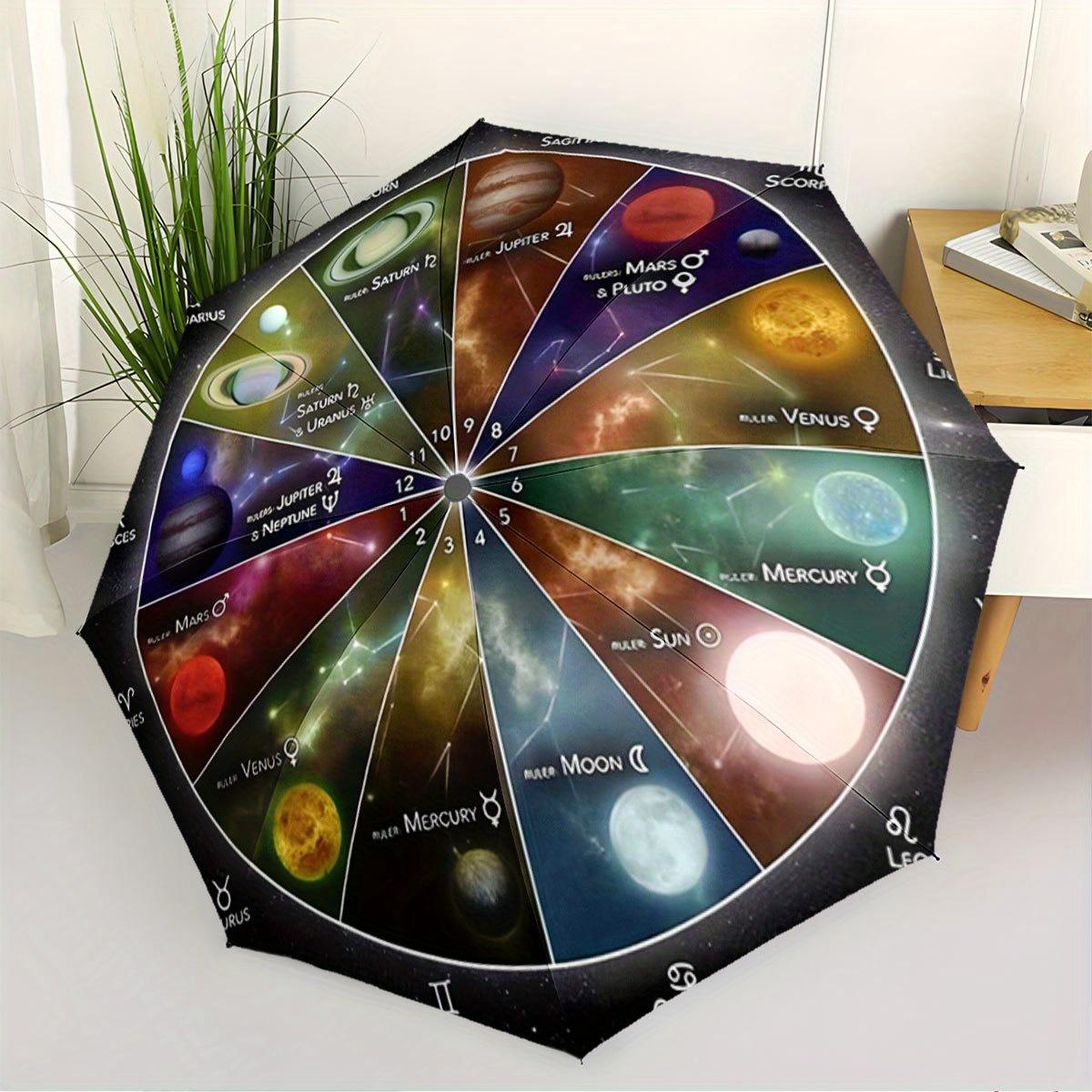 Automatic Open/Close Zodiac Umbrella with Planetary Design - Solar System Sun, Moon, Stars - Compact Folding Umbrella for Wome