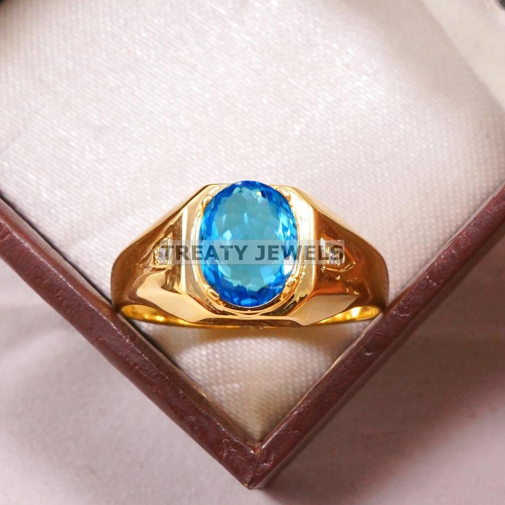 Blue Topaz Oval Cut With 925 Sterling Silver Gold Plated Ring For Men's #A892 JL375669054569