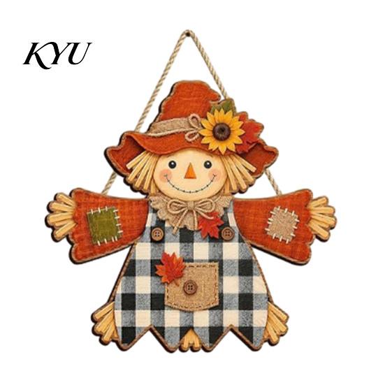 Decorative Holiday Wood Plaque Fall Wooden Hanging Sign, Autumn Scarecrow & Pumpkin Maple Leaf Door Festival Sign Hanger, Harvest Thanksgiving
