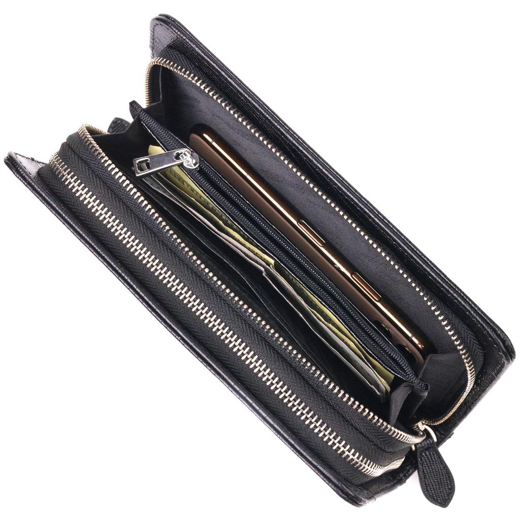 Unusual Men's Two-compartment Purse Made of Genuine Textured Leather with Reptile Embossing CANPELLINI 21571 Black