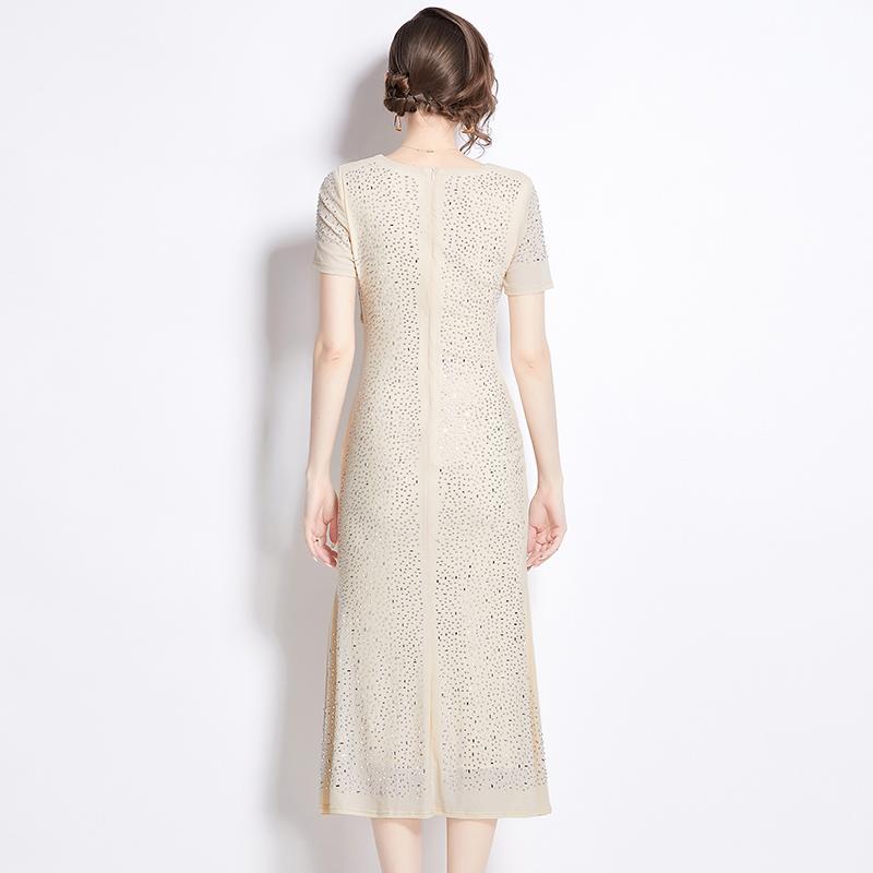 Luxury Rhinestone Mesh Mermaid Birthday Party Dresses Women's V-Neck Exquisite Buttons Short Sleeve Dresses For Formal Occasions