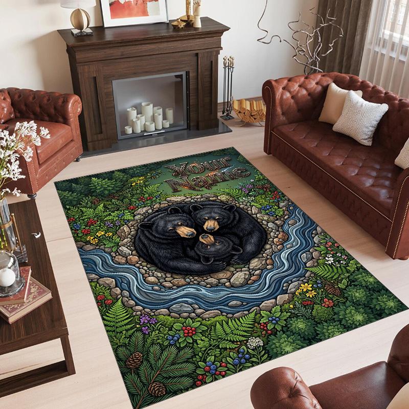 Teddy Bear Theme Crystal Velvet Rug Personalized Custom Name Text Soft Floor Mat Home Decor