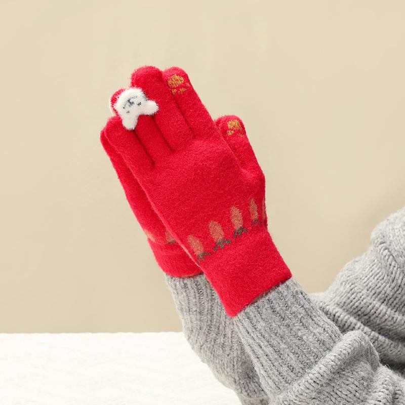 

Женские зимние теплые красные шерстяные перчатки с лисой - Сенсорные и непродуваемые One Size