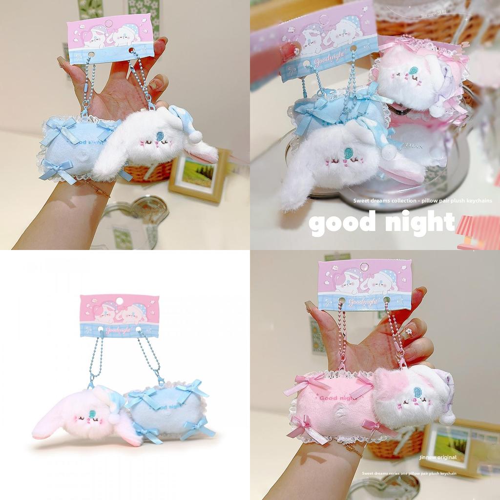 Plush Rabbit And Pillow Keychain With Bow Tie And Nightcap Decor For Cute Bag Accessories