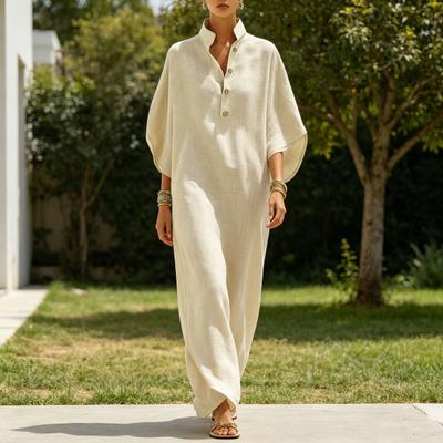 Summer Stand Collar Maxi Dress for Women Half Sleeve Button Up V Neck Long Dress Loose Flowy Beach Sundress with Pockets