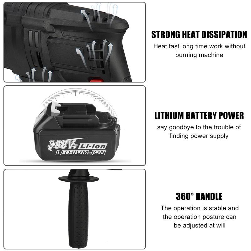 4 IN 1 Brushless Cordless Rotary Hammer Drill 2 Batteries Rechargeable Electric Hammer Impact Drill for Makita 18V Batt