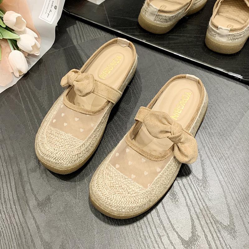 

Кружевные туфли рыбака женские 2025 новые летние полутапочки с сумкой на голове в модных бантах сплетенные классные тапочки женские 35 абрикосовый