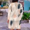 Women Plus Size V Neck Long Sleeve Printed White Fitted Dress