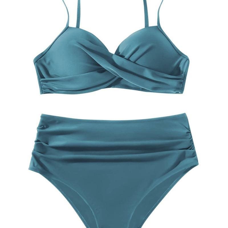 European and American Sexy Bikini Swimsuit High Waist Cross Straps Gather To Cover The Belly and Look Thin Split Swimsuit