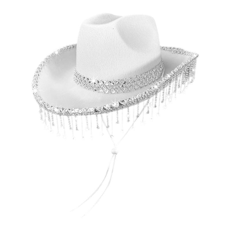 Elegant Bridal Rhinestones Cowboy Hats With Tassels Lace Design For Wedding Party Soft Fabric Panama Hat